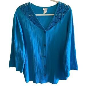 Avon Style Vintage 100% Cotton Blue V-Neck Button Up Tunic Crochet Blouse Size S